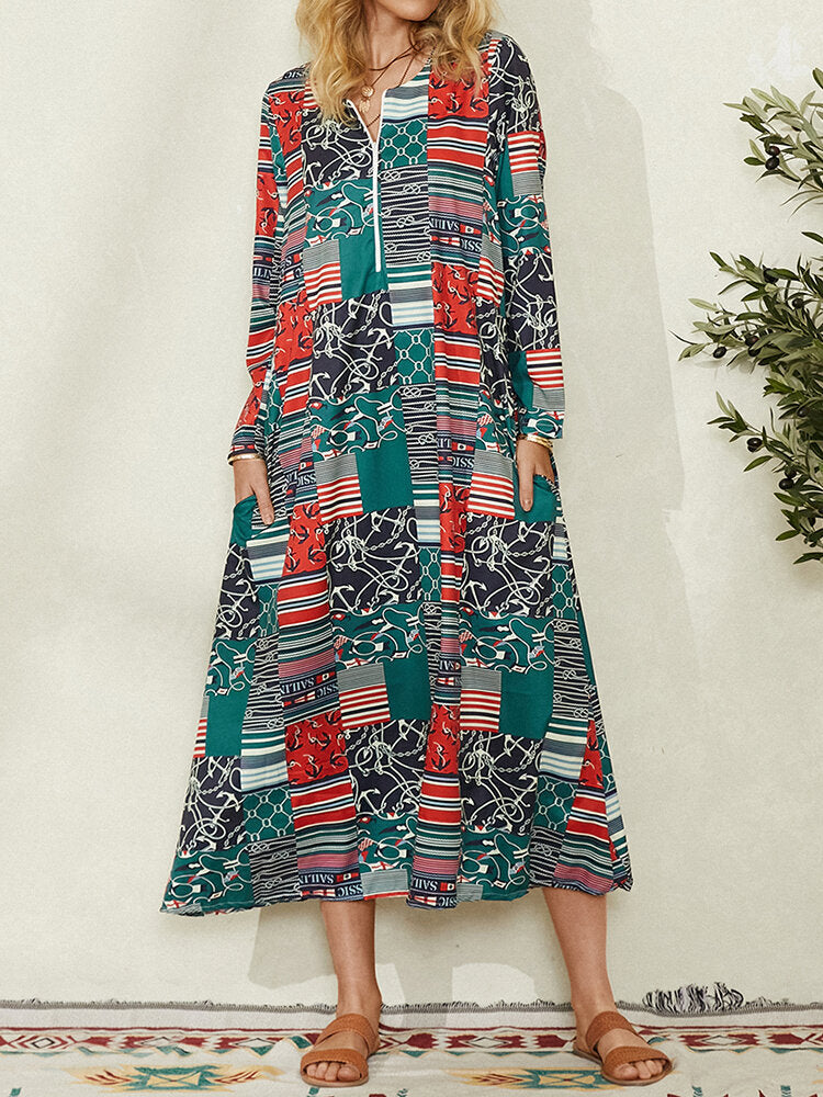Women Colorblock Geometric Print Side Pocket Vintage Maxi Dress