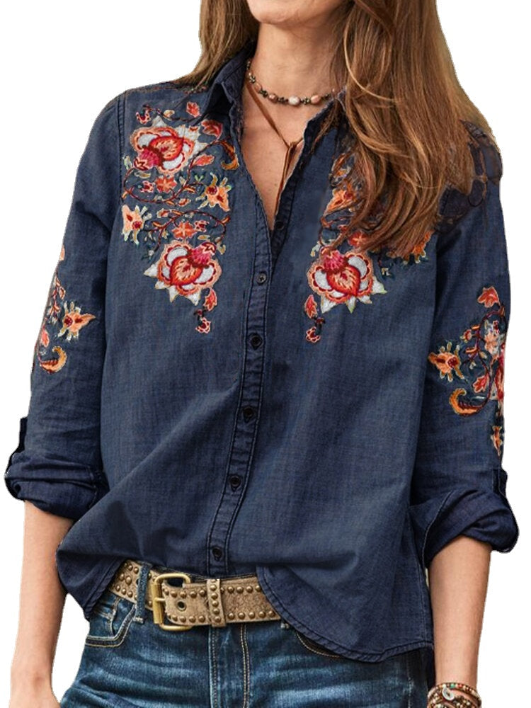 Women Long Sleeve V Neck Buttons Flower Embroidered Shirts