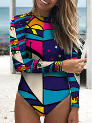 Women Abstract Figure Print Tie Back Long Sleeve One Piece Beach Surfing Swimwear