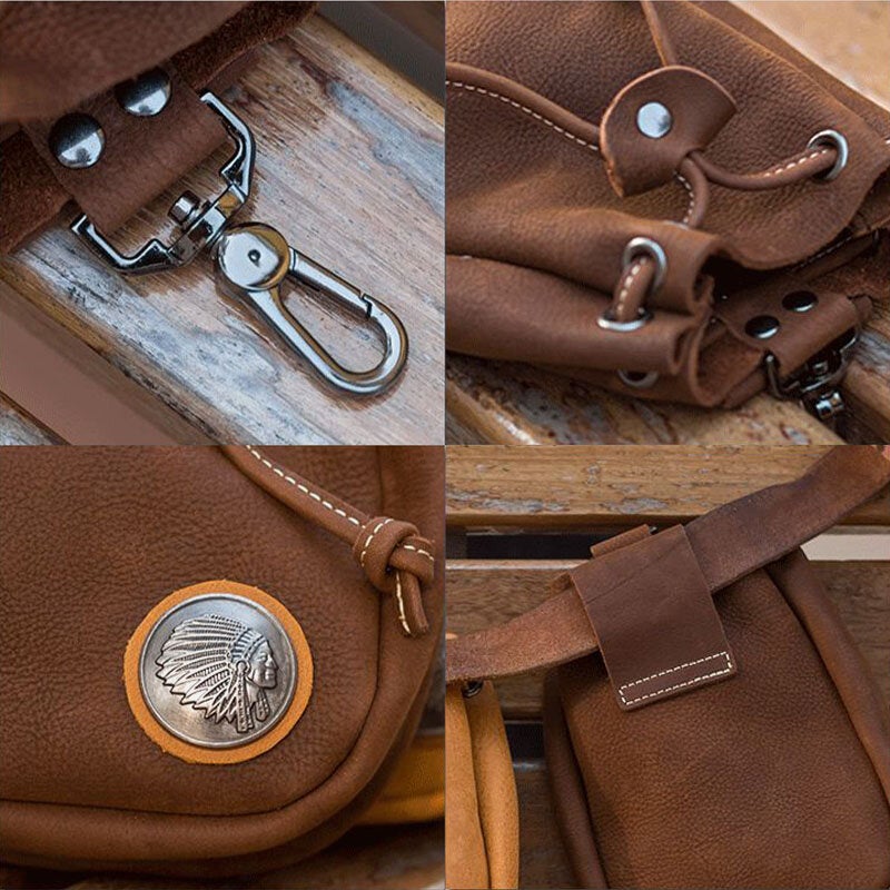 Men Genuine Leather Retro String Pocket Badge Decoration Waist Bag 6.3 Inch Phone