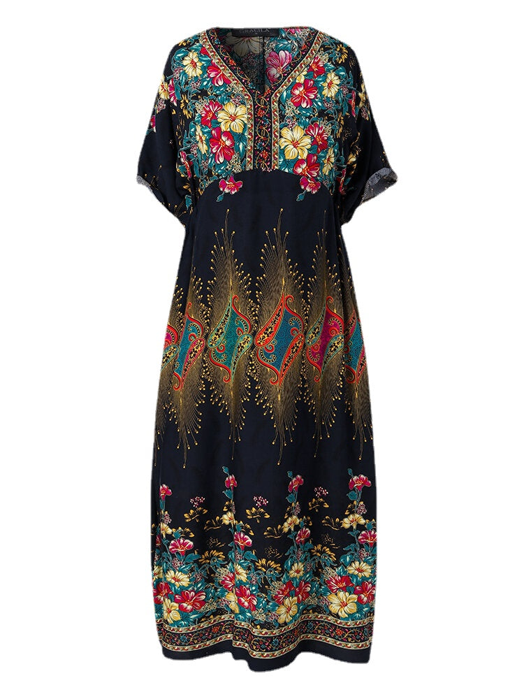 Bohemian Ethnic Floral Print V-neck Pocket Half Sleeve Casual Dress For Women