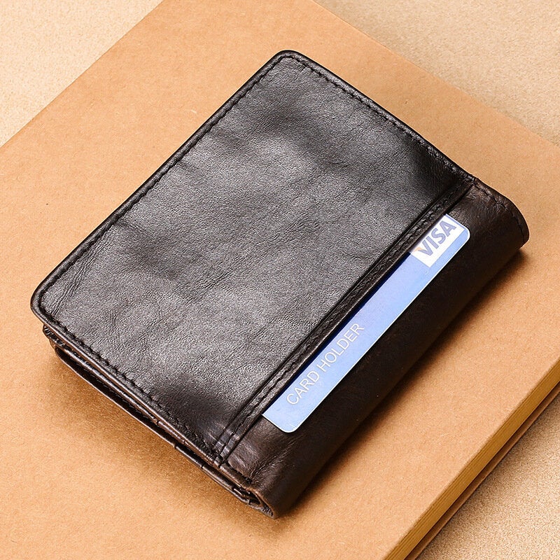 Men Vintage Genuine Leather RFID Blocking Wallet Zipper Coin Bag