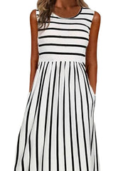 Fashionable Women's Sleeveless Striped Ruched Crew Neck Casual Dress