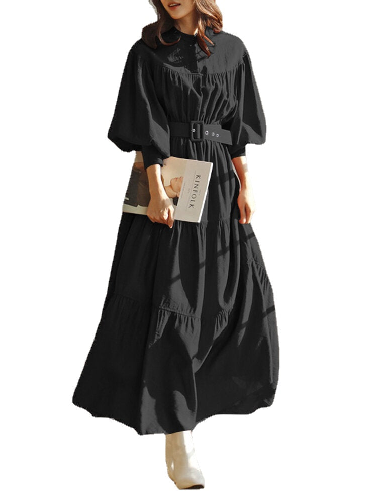 Solid Color Stand Collar Puff Sleeve Belted Pleated Shirt Maxi Dress