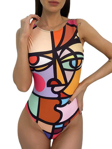 Women Multi-Color Abstract Figure Print Backless Sleeveless One-Piece Swimwear