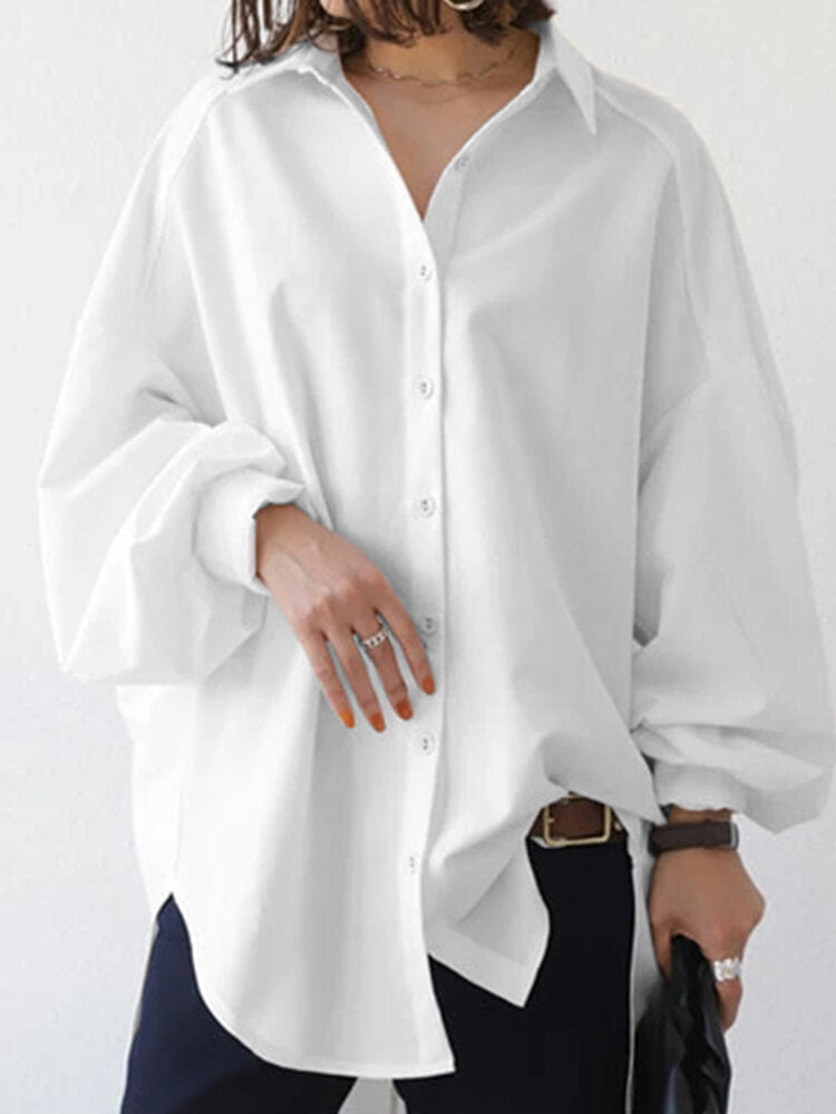 Plus Size Casual Lapel Long Sleeve High Low Hem Drop Shoulders Solid Urban Style Shirts