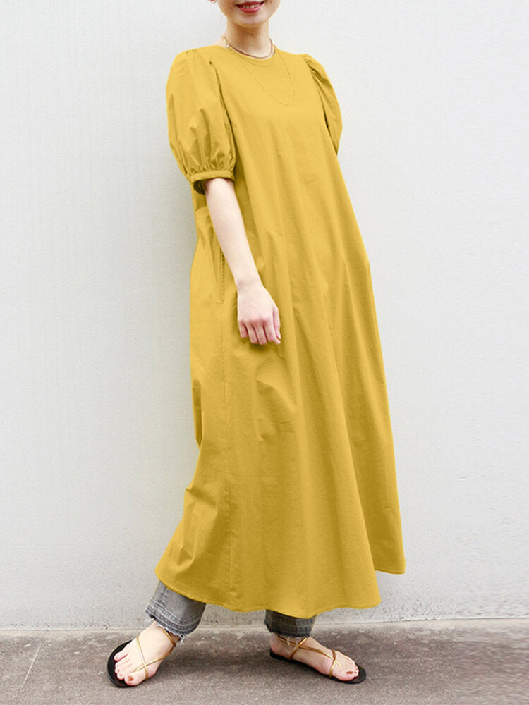 Woman Puff Sleeve Holiday Solid Maxi Dress