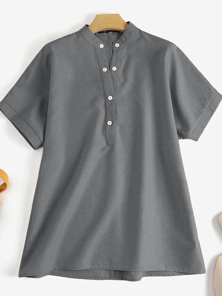 Solid Button Stand Collar Short Sleeve Loose Casual Blouse