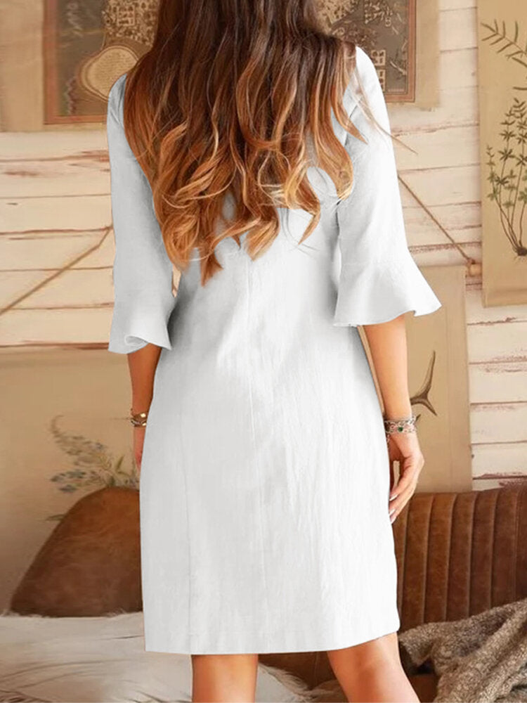 V-neck Oblique Placket Design Bell Sleeve Casual Dress