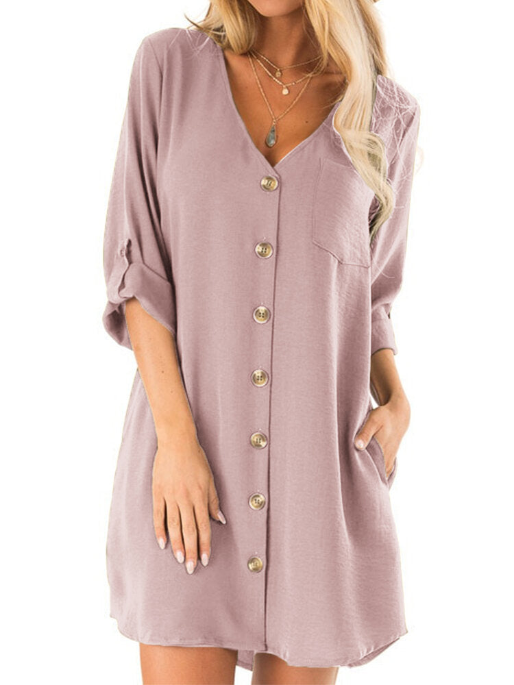 Women Button Down Casual V Neck Loose Mini Dress with Pockets