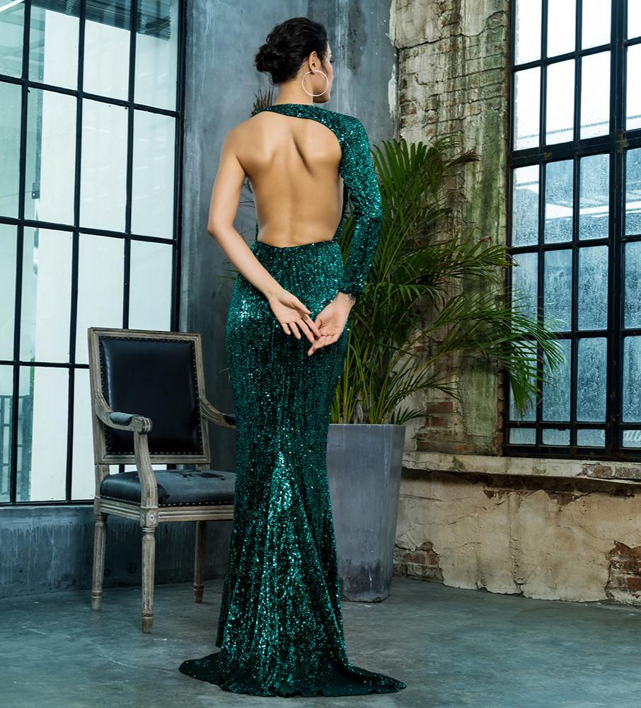Love&Lemonade Open Back Separate Sleeve Elastic Sequins Long Dress LM81333-1 Autumn/Winter