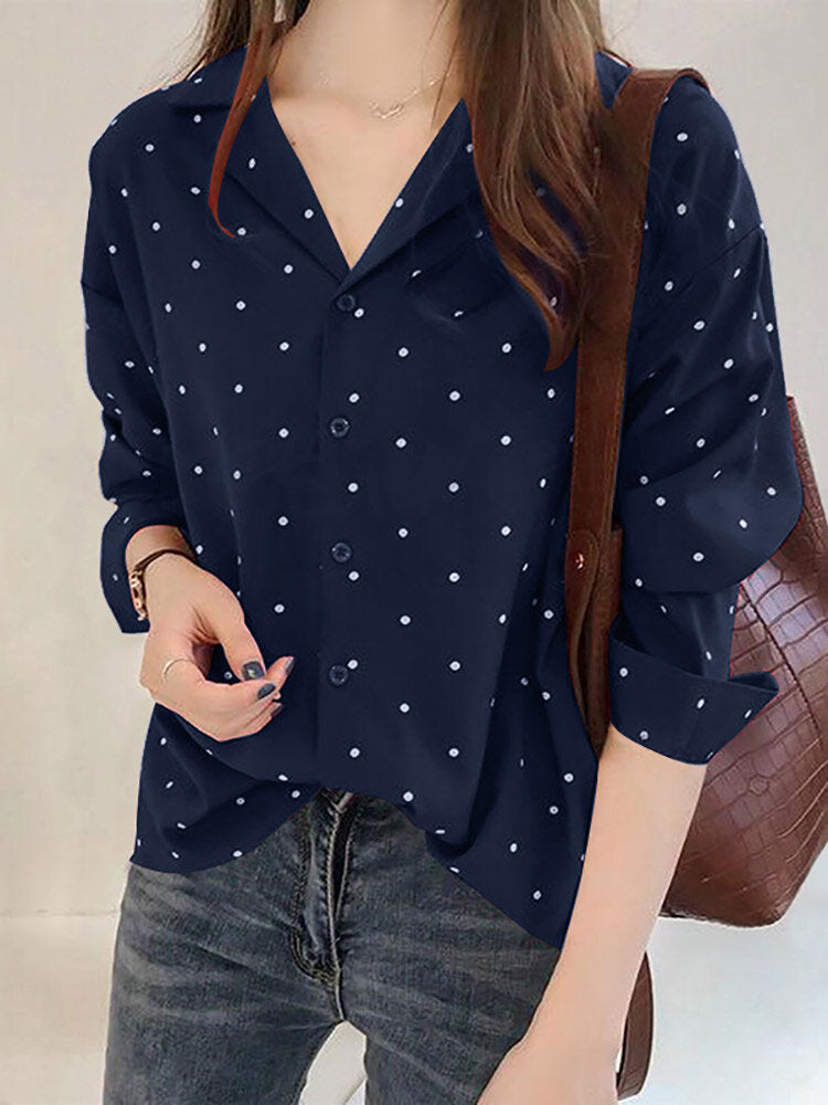 Dot Print Button Long Sleeve Lapel Blouse For Women