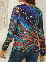 Women Colorful Art Lines Print V-Neck Long Sleeve Casual Blouse