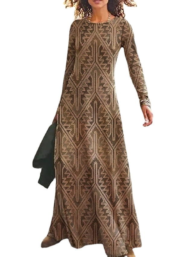 Women's Casual Dress T Shirt Dress Tee Dress Ethnic Dress Long Dress Maxi Dress Blue Orange Brown Long Sleeve Geometric Patchwork Winter Fall Spring Crew Neck Basic Winter Dress Daily Vacation