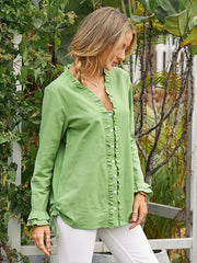 Women Green Ruffle Trim Long Sleeve Drawstring Button Casual Blouse