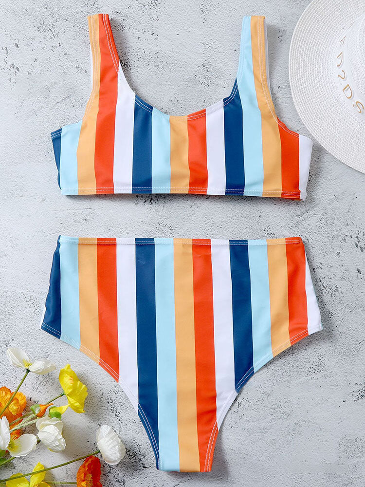 Women Colorful Stripe Wide Straps Top High Waisted Bikinis Swimsuit