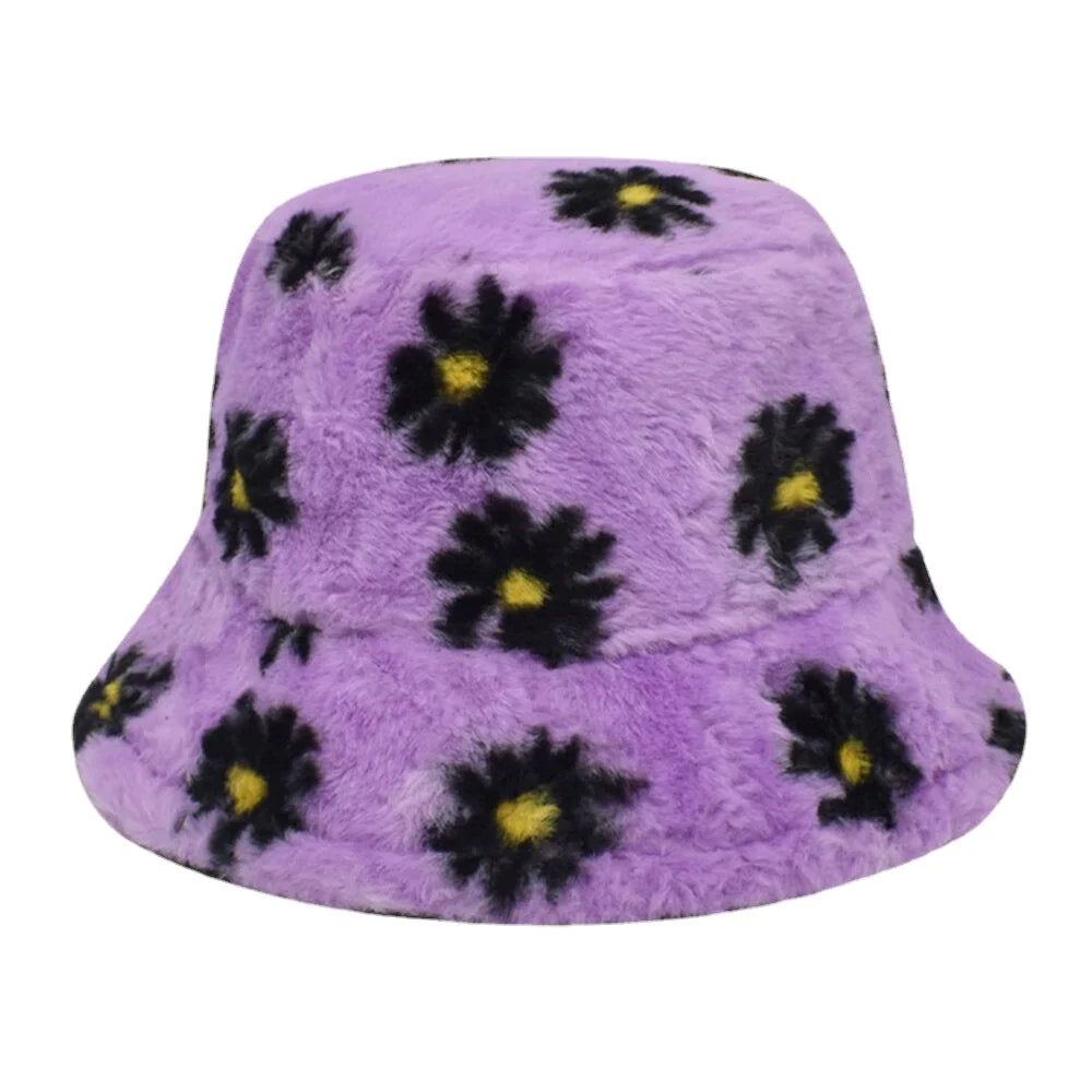 Women Lamb Hair Soft Warm Plus Thicken Casual All-match Cute Daisy Flower Pattern Bucket Hat