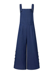 Women Denim Solid Color Button Loose Overalls Casual Wide Leg Pocket Jumpsuits