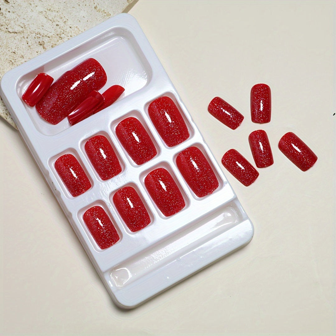 24pcs Mid-Length Square Glam Nails - Solid Colors, Ultra-Glossy, Durable Press-On Set for Women