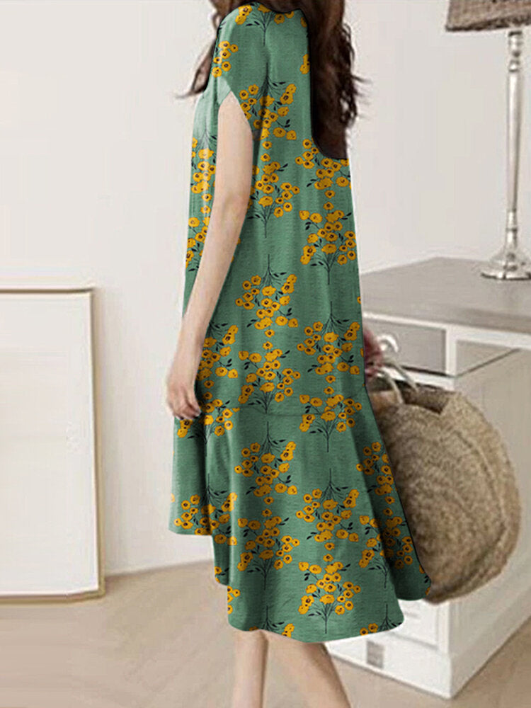 Floral Print Ruffle V Neck Cap Sleeve Midi Dress For Women