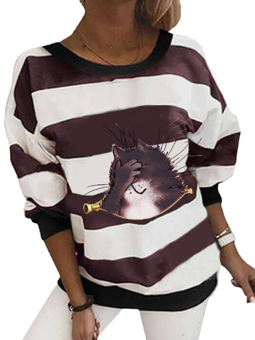 Women Cartoon Cat Horizontal Stripe Print Casual Long Sleeve Sweatshirts