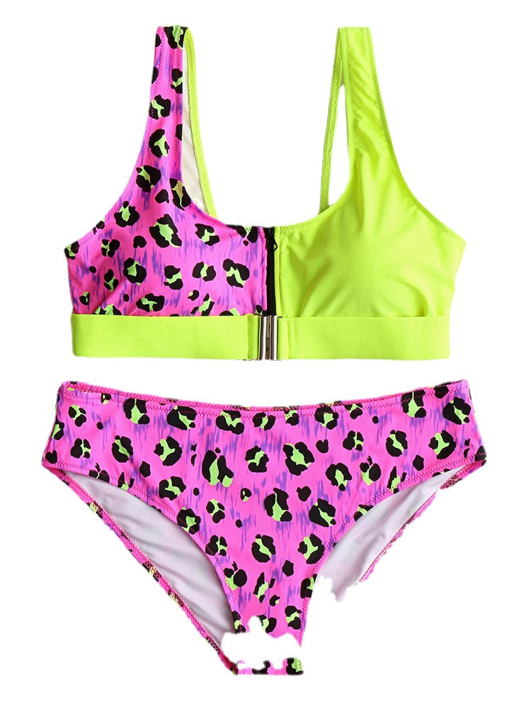 Women Leopard Patchwork Front Zipper Bikini Backless Swimwear