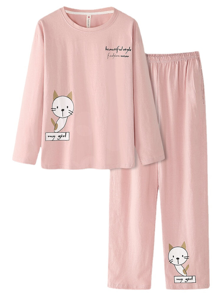 Women Cartoon Cat Print Long Sleeve Pullover Elastic Waist Pocket Pants Pink Home Pajama Set