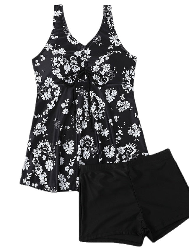 Women's Swimwear Tankini 2 Piece Normal Swimsuit 2 Piece Open Back Printing Floral Leaf Green Black Purple Yellow Rosy Pink Padded V Wire Bathing Suits New Stylish Casual / Vacation / Spa