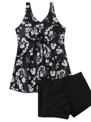 Women's Swimwear Tankini 2 Piece Normal Swimsuit 2 Piece Open Back Printing Floral Leaf Green Black Purple Yellow Rosy Pink Padded V Wire Bathing Suits New Stylish Casual / Vacation / Spa