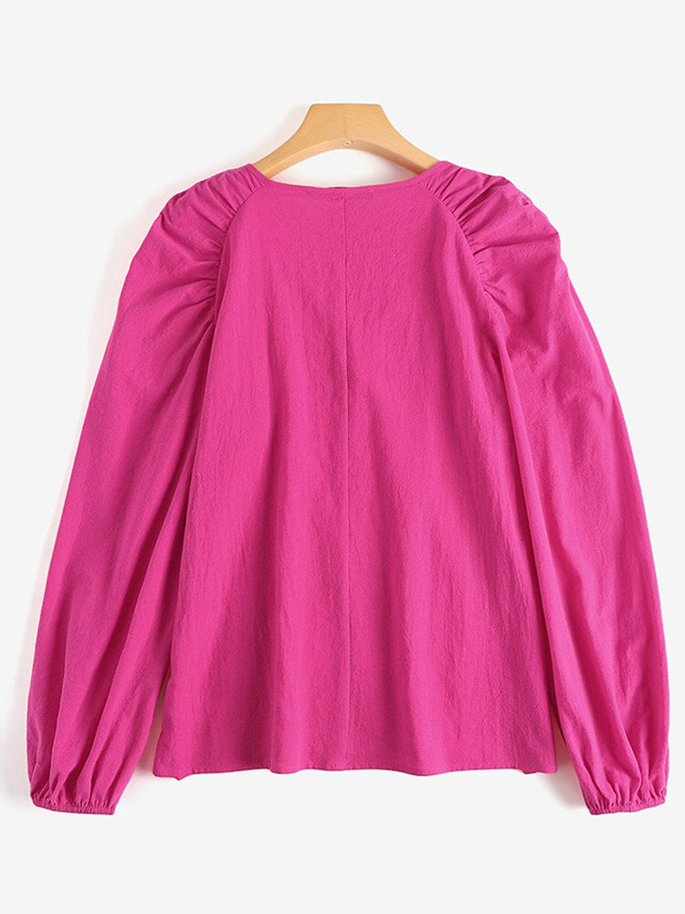 Solid Ruched Knotted Puff Long Sleeve V-neck Blouse