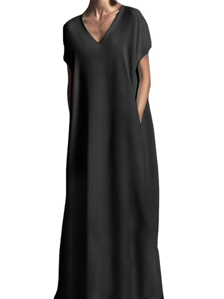 Women Brief Style Solid Color V-Neck Short Sleeve Elegant Maxi Dress With Pockets