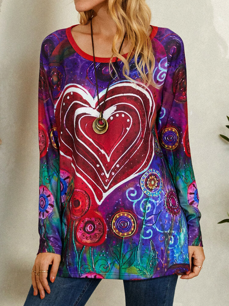 Women Graffiti Heart Floral Print Round Neck Casual Long Sleeve T-Shirt