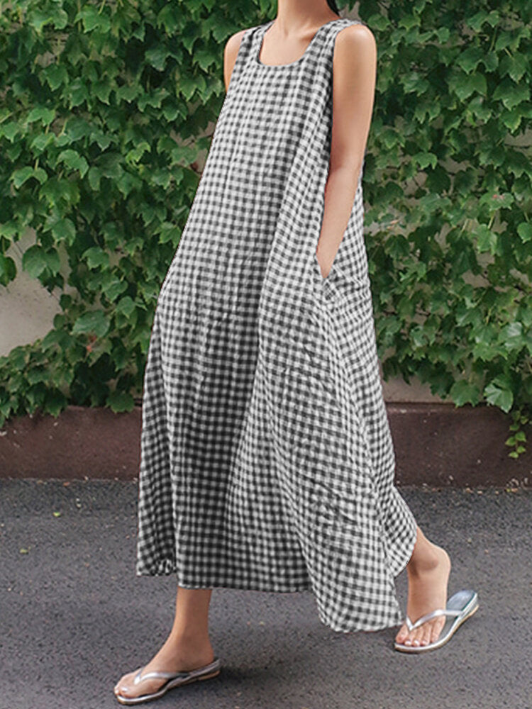 Women Casual Sleeveless Plaid Side Pocket Loose Maxi Dress