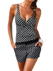 Women Polka Dot Wide Straps Twisted Cover Belly Tankini