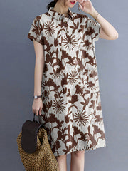 Plant Print Lapel Button Pocket Casual Midi Print Dress