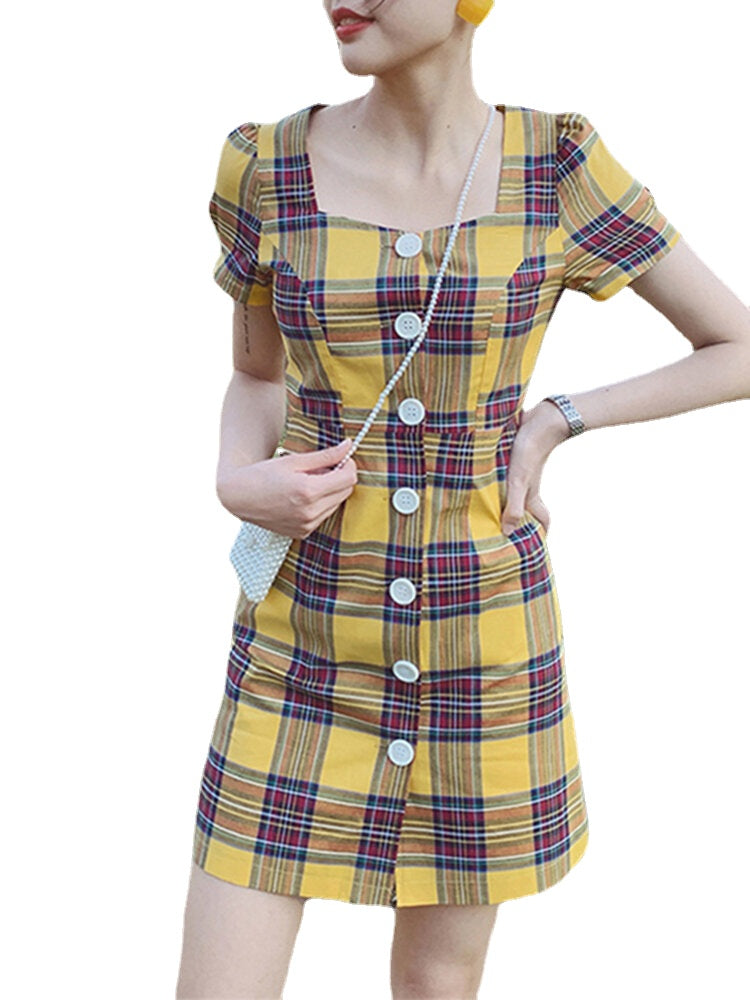 Plaid Square Neck Streetwear Holiday Women Dress