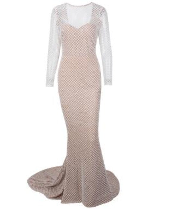 White Flash Lattice Beaded Slim Long Dress