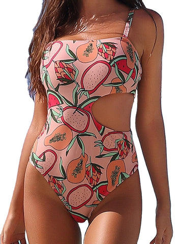 Women Cartoon Fruit Print Cut Out Adjustable Straps One Piece Beach Swimwear