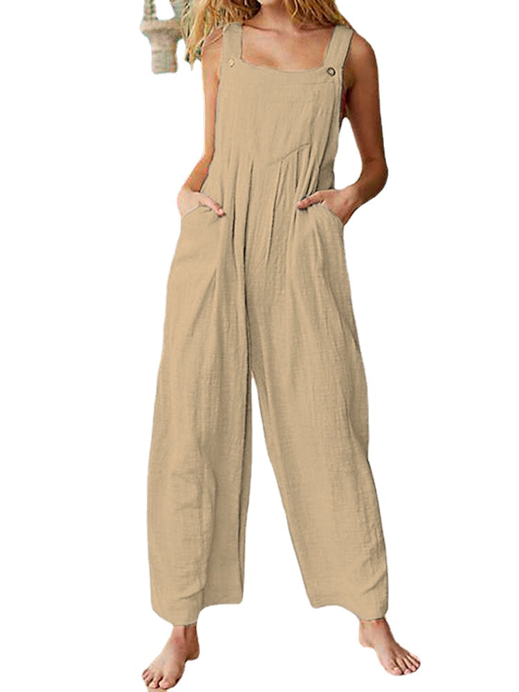 Solid Color Button Sleeveless Overalls Side Pocket Jumpsuit For Women