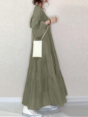 Women Solid Color Tiered V-Neck Puff Sleeve Casual Maxi Dresses