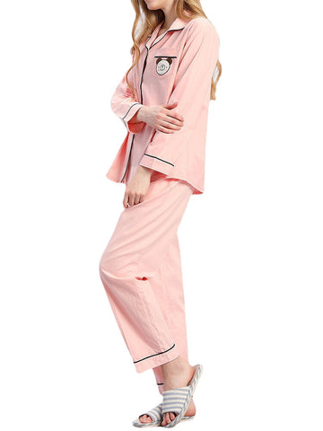 Plus Size Women 100% Cotton Cartoon Applique Lapel Long Pajamas Sets With Contrast Binding