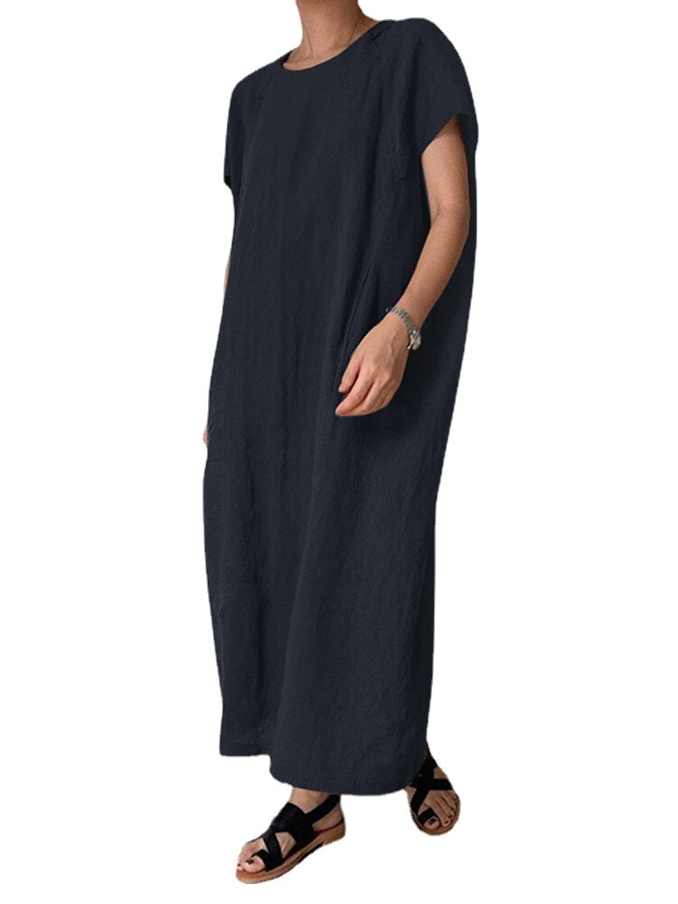 Solid Pocket Cotton Round Neck Casual Maxi Dress