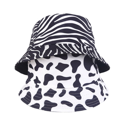 Women Double-Side-Wear Zebra Cow Panda Pattern Print Bucket Hat Fashion Casual All-match Sunscreen Beach Hat