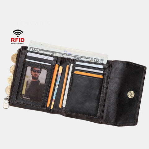 Men Trifold Short First Layer Cowhide Wallet RFID Blocking Antimagnetic 8 Card Slot Card Holder Money Clip