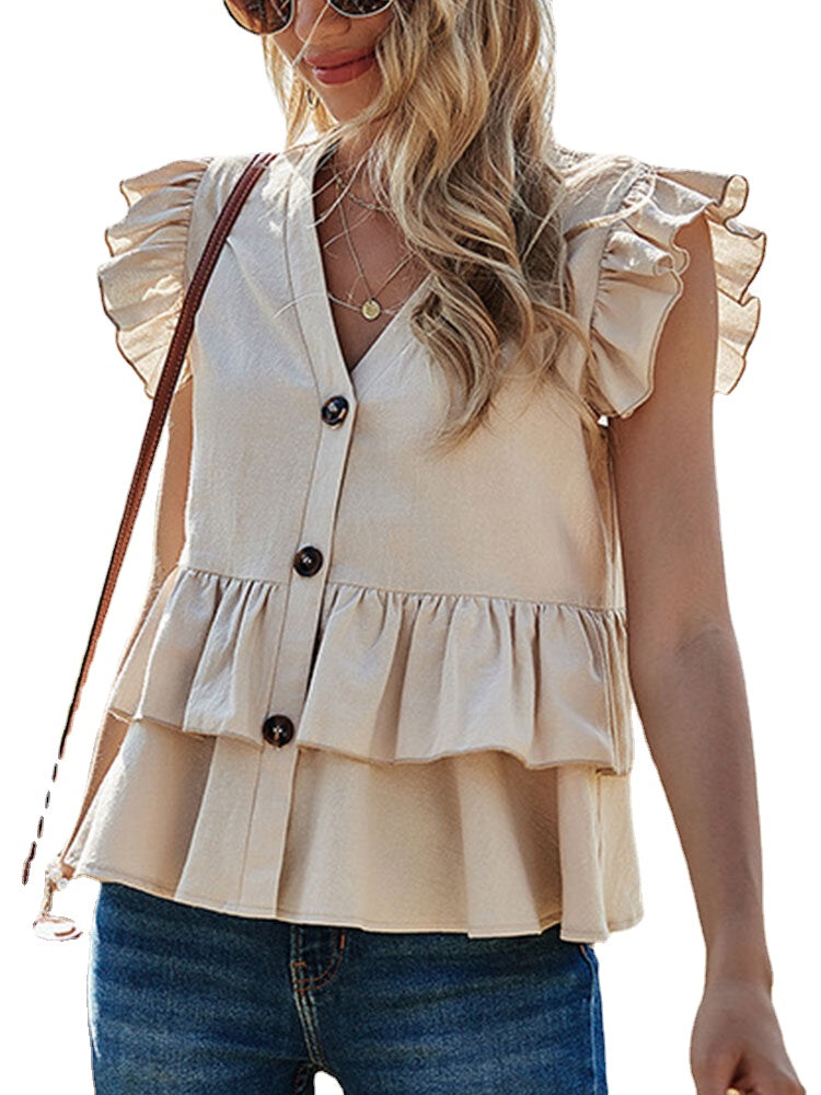 Solid Color Button Ruffle Sleeveless V-neck Patchwork Blouse For Women