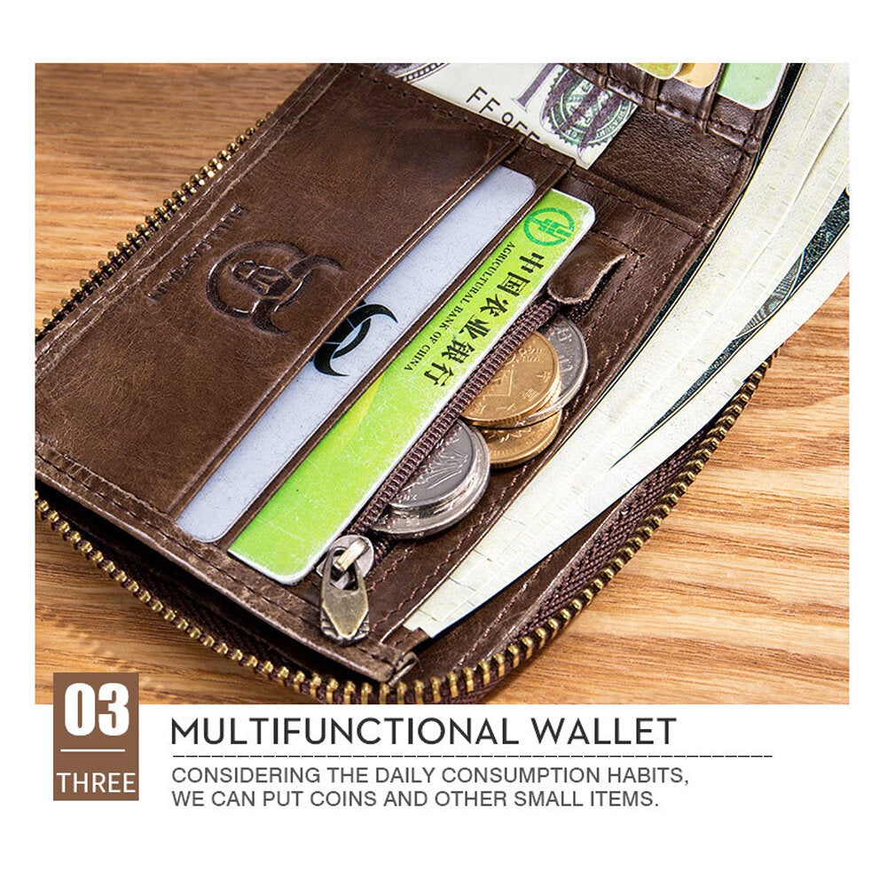 RFID Antimagnetic Vintage Genuine Leather 11 Card Slots Coin Bag Zipper Wallet For Men