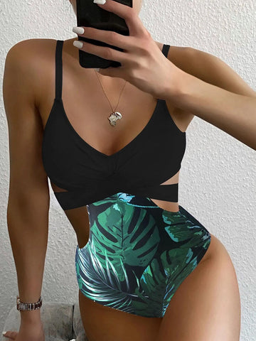 Tropical Plant Print Cross Cut Out Tie Back Hawaii Style One Piece Swimsuit For Women