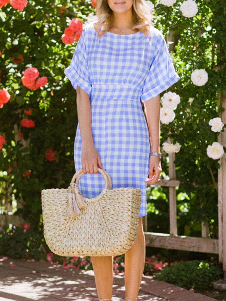 Plaid Back Zipper Dress With Side Pockets For Women