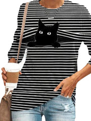 Women Black Cat Print Long Sleeves O-Neck Striped Casual T-Shirt