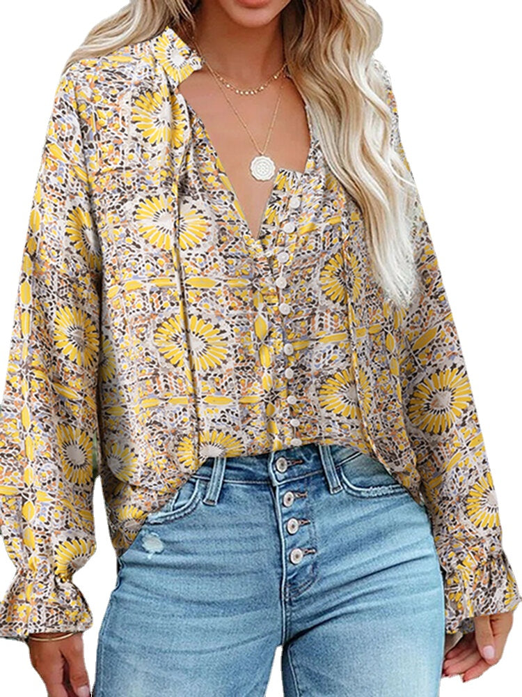 Flower Print Button Long Sleeve Knotted Blouse For Women